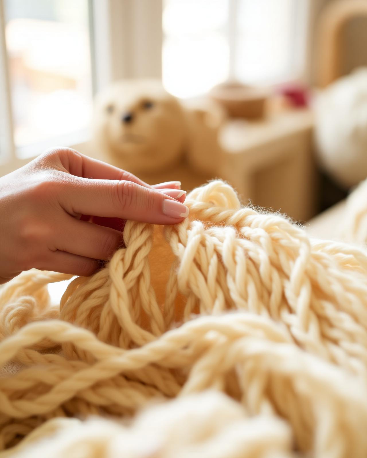 Ana crocheting at her studio at home